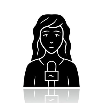 Reporter woman drop shadow black glyph icon. TV presenter, interviewer with microphone. TV hostess. Female journalist taking interview. Newswoman reporting breaking news. Isolated vector illustration