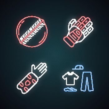 Cricket championship neon light icons set. Sport uniform, protective gear, game equipment. Sports activity. Team game. Sport competition, tournament. Glowing signs. Vector isolated illustrations