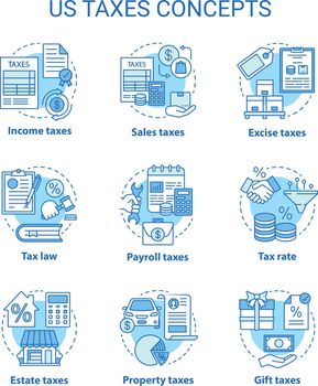 US taxes blue concept icons set. Percentage rate of taxation idea thin line illustrations. Property, sales, excise, estate tax. Financial charge. Vector isolated outline drawings. Editable stroke