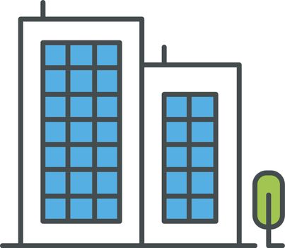 Multi-storey building color icon. Apartment houses and tree. Multistorey housing, modern condo. City accommodation, hotel, business center exterior. Urban property. Isolated vector illustration