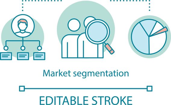 Market segmentation concept icon. Analyzing data report idea thin line illustration. Dividing market into audience segments. Pie chart vector isolated outline drawing. Editable stroke
