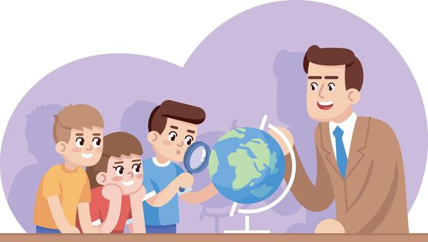 Geography lesson flat vector illustration. Extracurricular activity. Geographical club for kids. Popularization of earth science. Boys researching globe with teacher cartoon characters