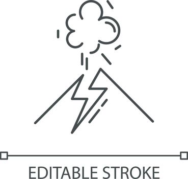 Volcanic eruption linear icon. Geothermal power. Active volcano explosion. Smoke emission from mountain. Thin line illustration. Contour symbol. Vector isolated outline drawing. Editable stroke