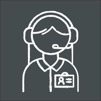 Consultant help chalk icon. Call center manager in headset. Phone dispatcher, customer support operator. Female sales agent. Helpline and telemarketing concept. Isolated vector chalkboard illustration