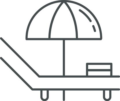 Deck chair linear icon. Chaise longue, deckchair with umbrella. Thin line contour symbols. Isolated vector outline illustration. Editable stroke