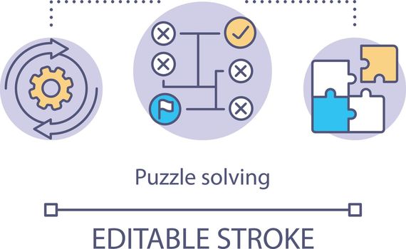 Puzzle solving concept icon. Game algorithm idea thin line illustration. Jigsaw puzzle. Searching solution. Rational, logical thinking. Vector isolated outline drawing. Editable stroke