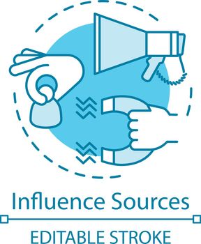 Influence sources turquoise concept icon. Customer attraction strategy idea thin line illustration. Clients retention. Advertising campaign. Marketing. Vector isolated outline drawing. Editable stroke