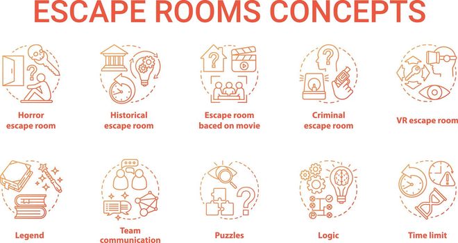 Escape room red gradient concept icons set. Quest types idea thin line illustration. Strategy logical game collection. Puzzles and riddles solving pack. Vector isolated outline drawing