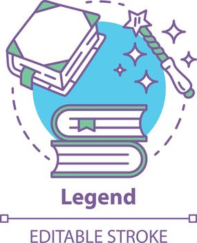 Legend concept icon. Storytelling idea thin line illustration. Fables, fiction, mythes with magic literature elements. Vector isolated outline drawing. Fairy tales, fantasy books. Editable stroke