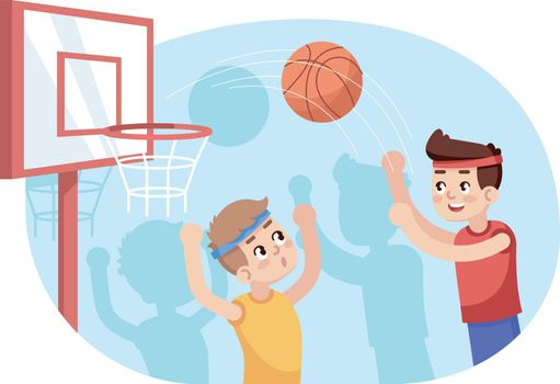 Boys playing basketball flat vector illustration. Sports section for children. Advanced training in team game for schoolchildren. After school activities. Kids athletic contest cartoon characters