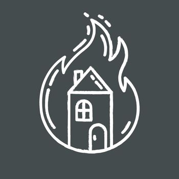 House on fire chalk icon. Burning building. Arson of property. Home combustion. Dwelling conflagration. Ignoring fire safety regulations. Insurance case. Isolated vector chalkboard illustration