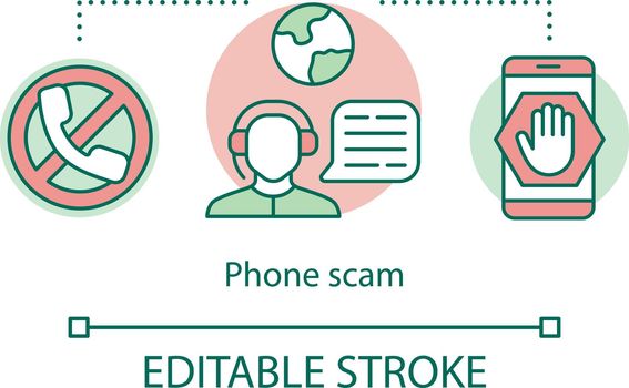 Phone scam icon. Telephone fraud incident idea thin line illustration. Unknown mobile number calls. Tricking and deceiving. Suspicious messages. Vector isolated outline drawing. Editable stroke