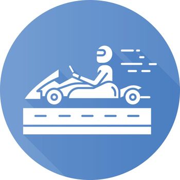 Kart racing blue flat design long shadow glyph icon. Man in karting vehicle on track. Driver in kart car. Open-wheel motorsport. Recreational go-karting. Extreme sport. Vector silhouette illustration