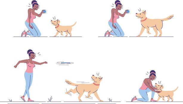 Woman playing with dog flat vector illustrations set. Active leisure. Happy african american girl and faithful playful puppy isolated cartoon characters with outline elements on white background