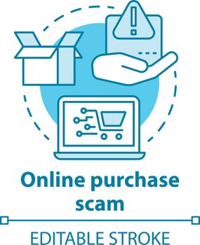 Online purchase scam concept icon. Identity and money theft via internet shopping fraud. Cybercrime. Buying on fake site idea thin line illustration. Vector isolated outline drawing. Editable stroke
