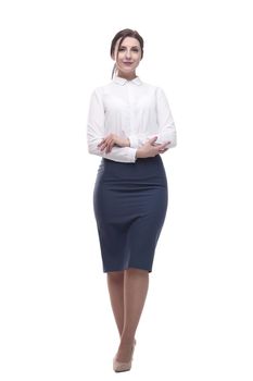 businesswoman in a white blouse and black skirt.