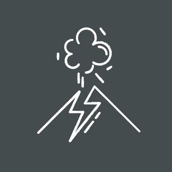 Volcanic eruption chalk icon. Geothermal power. Active volcano explosion. Geological disaster. Seismically hazardous area. Smoke and ash emission from mountain. Isolated vector chalkboard illustration