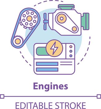 Engines concept icon. Power source idea thin line illustration. Modern motors, mechanism. Innovative energy source and engineering. Vector isolated outline drawing. Editable stroke
