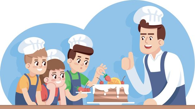 Сhildren cooking class flat vector illustration. Culinary school for kids. Treat for mothers day. Extracurricular activity. Interest club. Boys decorating cake, chef approving cartoon characters