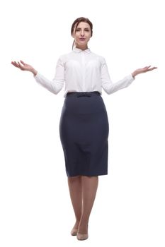 businesswoman in a white blouse and black skirt.