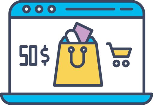 Online store app color icon. Laptop screen with price and shopping bag. Choosing and adding goods to basket. Doing purchases in internet shop. Digital commerce. Isolated vector illustration