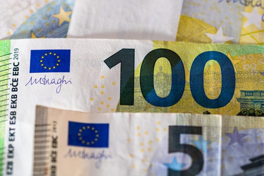 Close up of money euro banknotes, background of money euro isolated.