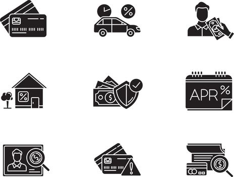 Credit glyph icons set. Annual percentage rate report. Plastic credit card. Insurance program. Home, car loan. Creditworthiness. Borrow cash, money. Silhouette symbols. Vector isolated illustration