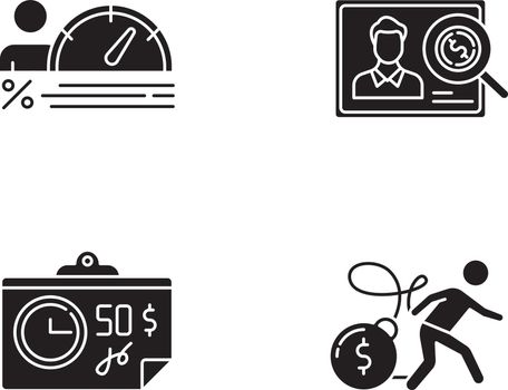 Credit glyph icons set. Personal creditworthiness report. Bunkrapcy risk. Credit score. Paycheck, bill, tax sheet with price. Heavy credit card debt. Silhouette symbols. Vector isolated illustration