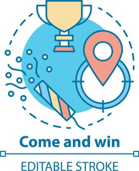 Come and win concept icon. Victory idea thin line illustration. Game winner award. Success, accomplishment and triumph. Goal, target achieving. Vector isolated outline drawing. Editable stroke