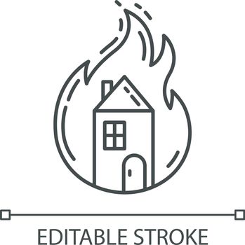 House on fire linear icon. Burning building. Arson of property. Home combustion. Insurance case. Thin line illustration. Contour symbol. Vector isolated outline drawing. Editable stroke