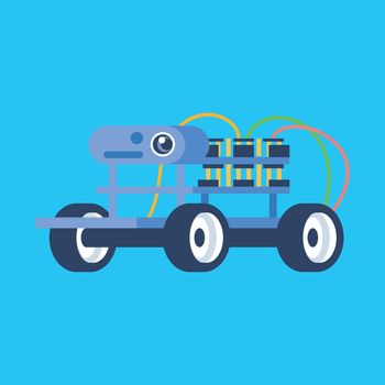 Robot vehicle flat vector illustration. Little robotic car with camera for photography or video surveillance. Smart technology. Plaything gadget. Isolated cartoon toy on blue background