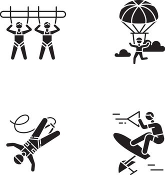 Air extreme sport glyph icons set. Giant swing, parachuting, bungee jumping and wakeboarding. Outdoor activities. Adrenaline entertainment and risky recreation. Vector isolated illustration
