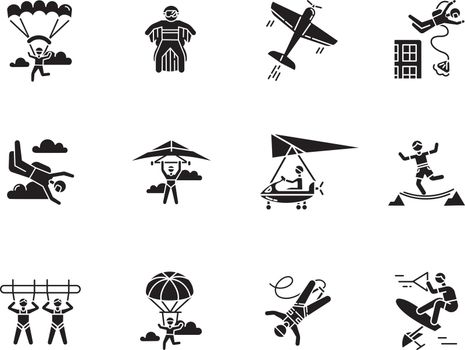 Air extreme sport glyph icons set. Skydiving, parachuting, wingsuiting. Outdoor activities. Paragliding, aerobatics and bungee jumping. Adrenaline entertainment. Vector isolated illustration