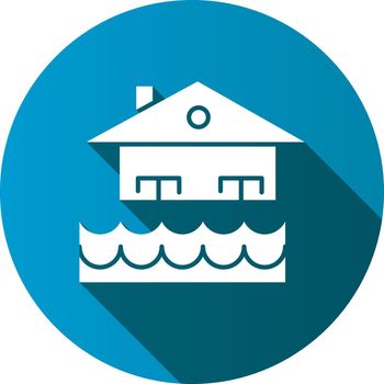 Flood blue flat design long shadow glyph icon. Overflow of water. Sinking house. Submerged building. Flooding locality. Sea level rise. Natural disaster. Vector silhouette illustration
