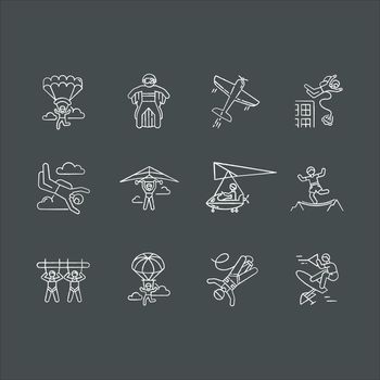 Air extreme sports chalk icons set. Skydiving, parachuting, wingsuiting. Outdoor activities. Paragliding, aerobatics and bungee jumping. Adrenaline entertainment. Isolated chalkboard illustrations