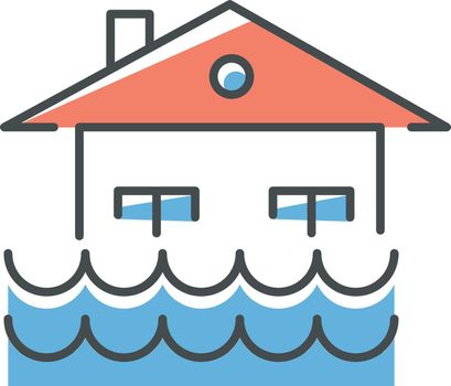 Flood blue color icon. Overflow of water. Sinking house. Submerged building. Flooding locality. Sea level rise. Natural disaster. Isolated vector illustration