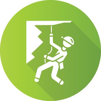 Mountain climbing green flat design long shadow glyph icon. Alpinism, mountaineering. Abseiling, rappelling descend. Caving, spelunking. Mountaineer sliding down rope. Vector silhouette illustration