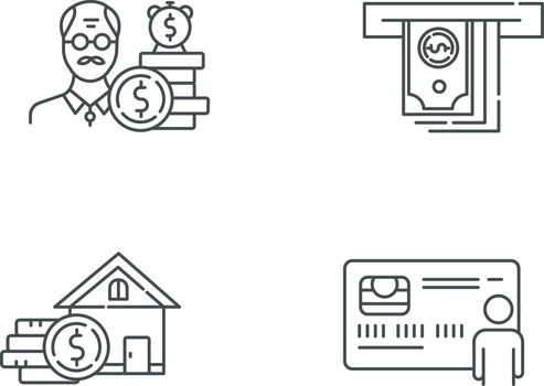 Credit linear icons set. Borrowing from Retirement. Pension budget ivestment. Home equity loan. Cash withdrawal. Thin line contour symbols. Isolated vector outline illustrations. Editable stroke