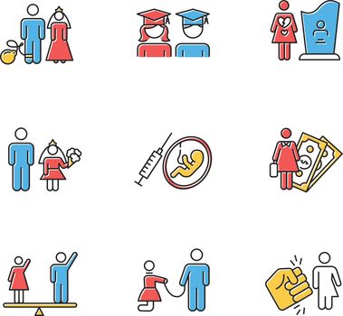 Gender equality color icons set. Forced marriage. Education equality. Maternity mortality. Child marriage. Female economic activity. Violance against trans woman. Isolated vector illustrations