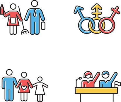 Gender equality color icons set. Politic rights. Transgender people, LGBTQ community. Female, male, trans sign. Gender stereotypes. Family planning. Couple relationship. Isolated vector illustrations