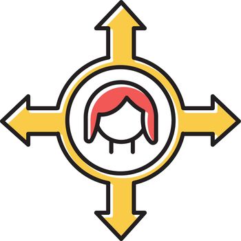 Women's freedom of movement color icon. Female human right. Gender equality. Woman empowerment, feminism. Freedom of making choices. Right to choose, make decision. Isolated vector illustration