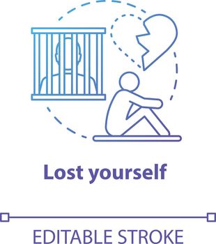 Lost yourself concept icon. Depression after breakup. Dependent relationship. Heartbroken. Feeling of hopelessness idea thin line illustration. Vector isolated outline drawing. Editable stroke