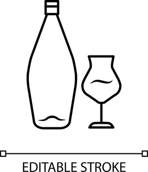 Wine linear icon. Alcohol bar. Bottle and wineglass. Restaurant service. Glassware for dessert madeira wine. Thin line illustration. Contour symbol. Vector isolated outline drawing. Editable stroke