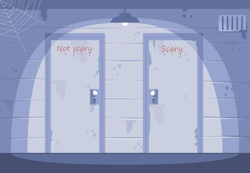 Escape room with two doors flat vector illustrations set. Thematic quest room interior. Searching solution, solving mysteries. Modern entertainment. Difficult decision, important choice. Logic game