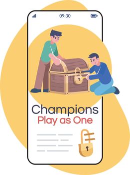 Champions play as one social media post smartphone app screen. Logic game, searching treasure. Mobile phone display with cartoon characters design mockup. Quest room application telephone interface