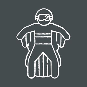 Wingsuit flying chalk icon. Skydiver jumping with wing suit. Skydiving. Air extreme sport. Flight in sky, adrenaline recreation. Parachutist flying. Isolated vector chalkboard illustration