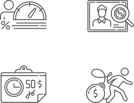 Credit linear icons set. Personal creditworthiness report. Bunkrapcy risk. Tax sheet with price. Credit card debt. Thin line contour symbols. Isolated vector outline illustrations. Editable stroke