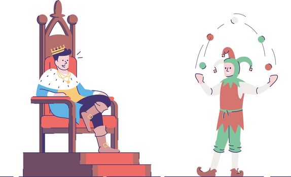 Medieval king and jester flat vector illustration. Royalty and harlequin isolated cartoon characters with outline elements on white background. Sovereign and fool. Middle Age personages
