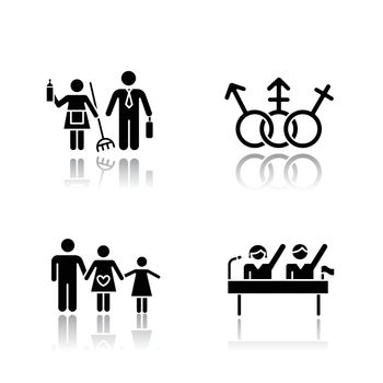 Gender equality drop shadow black glyph icons set. Politic rights. Transgender people, LGBTQ community. Female, male, trans sign. Gender stereotypes. Family planning. Isolated vector illustrations