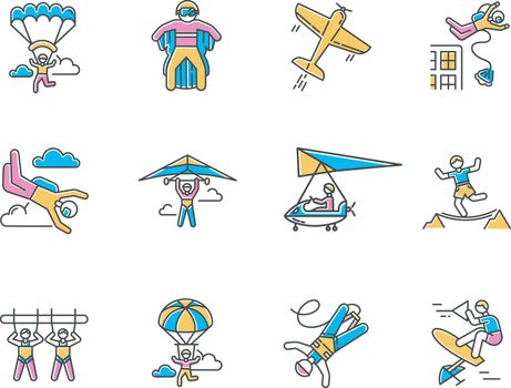 Air extreme sports color icons set. Skydiving, parachuting, wingsuiting. Outdoor activities. Paragliding, aerobatics and bungee jumping. Adrenaline entertainment. Isolated vector illustrations